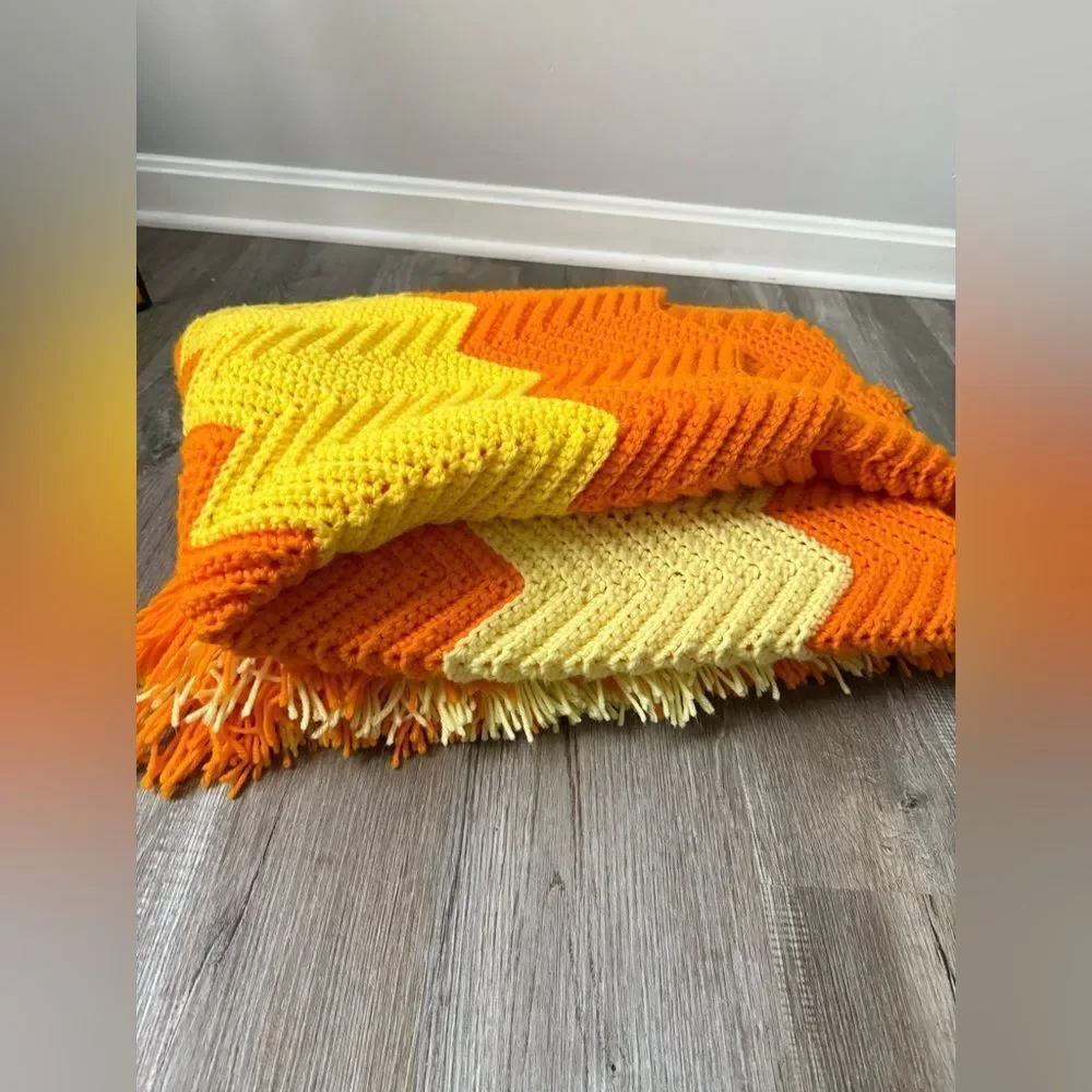 VTG Crochet Afghan Chevron Handmade Sunshine Retro Boho Fringe Orange Yellow L